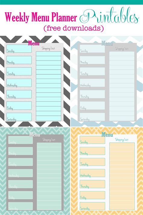 FREE Weekly Menu Planner Printable (4 Colors) - Cupcake Diaries